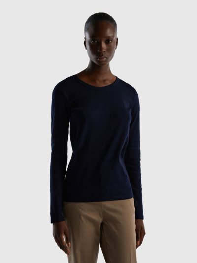 Benetton Long Sleeve Pure Katoenen T-shirts Dames Donkerblauw | BE776210