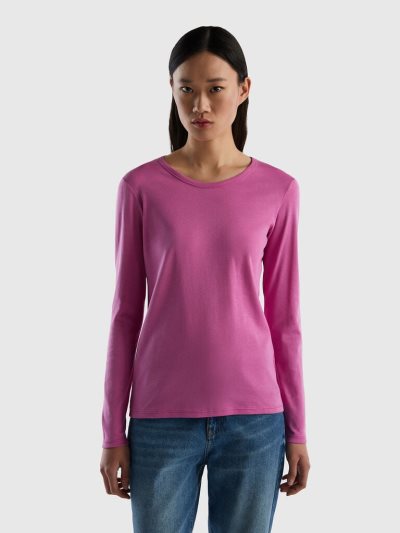 Benetton Long Sleeve Pure Katoenen T-shirts Dames Roze | BE846106