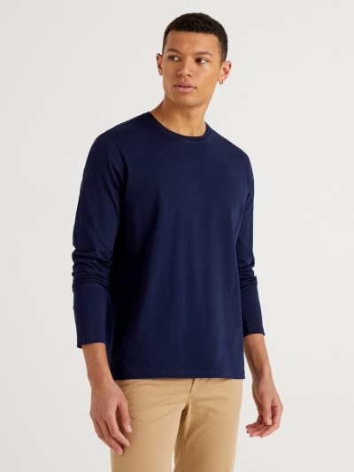 Benetton Long Sleeve Pure Katoenen T-shirts Heren Donkerblauw | BE919921