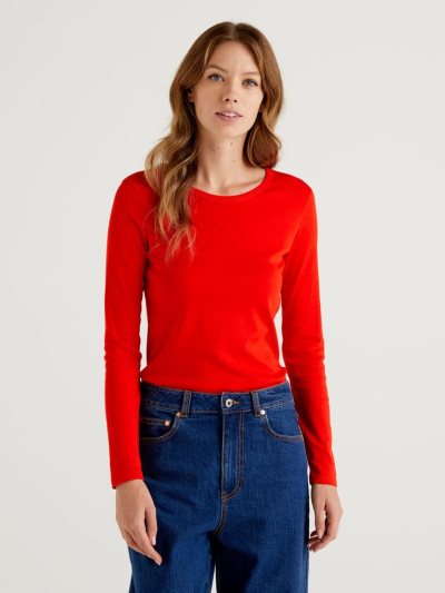 Benetton Long Sleeve Pure Katoenen T-shirts Dames Rood | BE969403