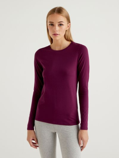 Benetton Long Sleeve Super Stretch T-shirts Dames Plum | BE314096