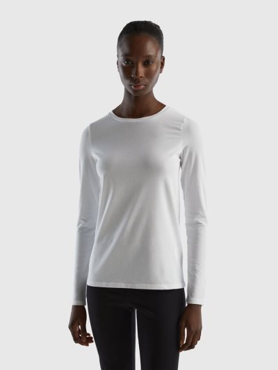 Benetton Long Sleeve Super Stretch T-shirts Dames Wit | BE938736