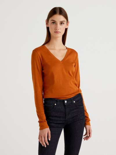 Benetton Long Sleeve V-neck T-shirts Dames Burnt | BE818771