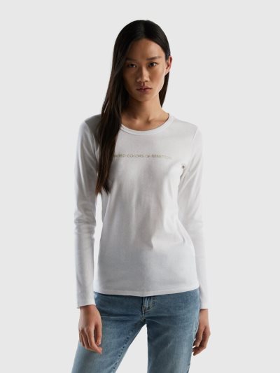 Benetton Long Sleeve White 100% Katoenen T-shirts Dames Wit | BE934364