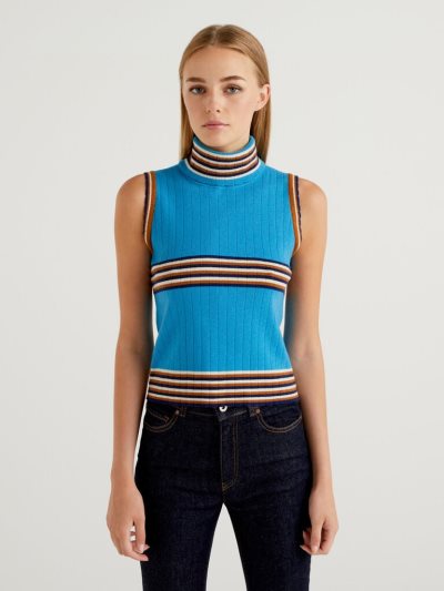 Benetton Mouwloos Stripes Turtleneck High Neck Sweaters Dames Turquoise | BE797461