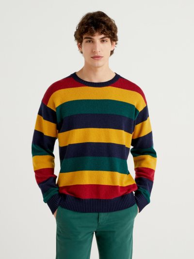 Benetton Multicolored Stripes Crew Neck Sweaters Heren Multi-color | BE271205