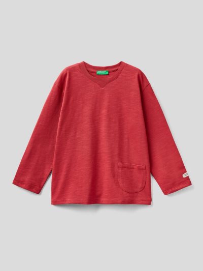 Benetton Organic Katoenen Pocket Long Sleeve T-shirts Kinderen Rood | BE328064