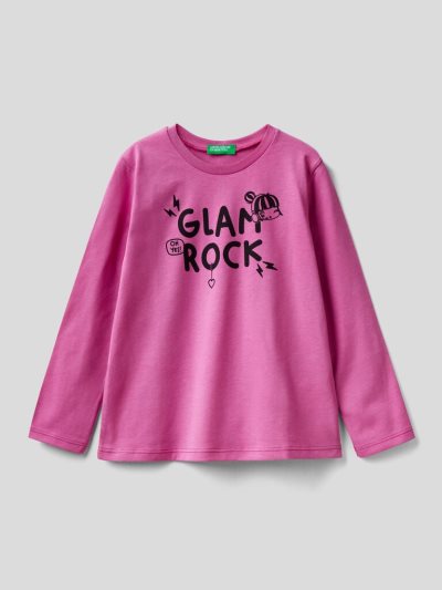 Benetton Organic Katoenen Print Long Sleeve T-shirts Kinderen Cyclamen | BE085546