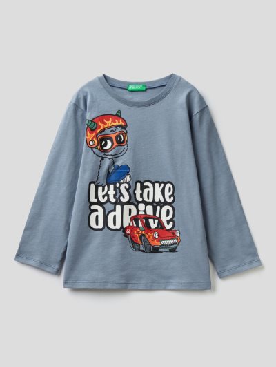 Benetton Organic Katoenen Print Long Sleeve T-shirts Kinderen Blauw | BE512323