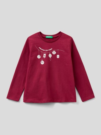 Benetton Organic Katoenen Print Long Sleeve T-shirts Kinderen Bordeaux | BE689171