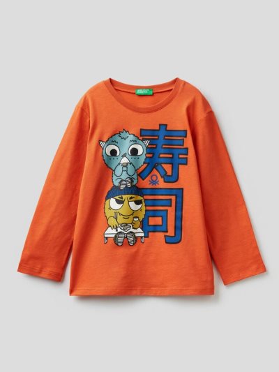 Benetton Organic Katoenen Print Long Sleeve T-shirts Kinderen Oranje | BE792351