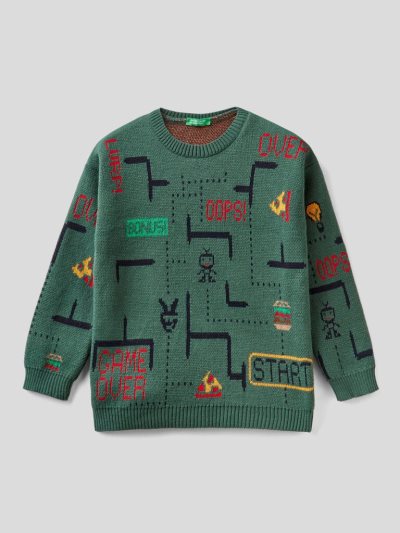 Benetton Patterned Crew Neck Truien Kinderen Donkergroen | BE119413