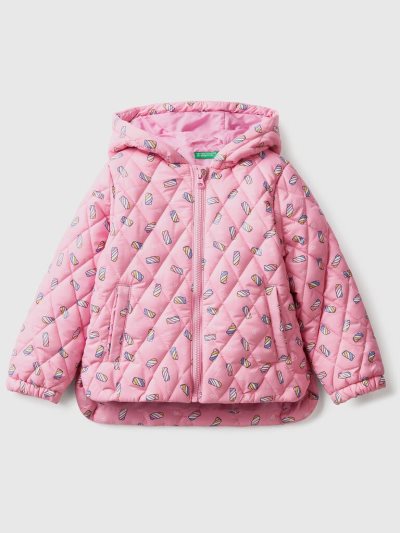 Benetton Patterned Hood Padded Jackets Kinderen Roze | BE565165