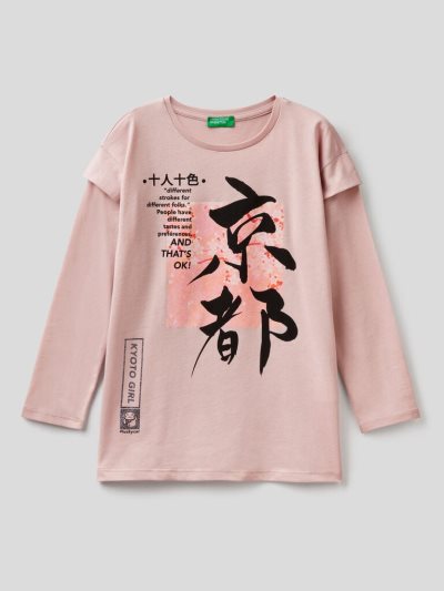 Benetton Photo Print And Glitter Long Sleeve T-shirts Kinderen Roze | BE969874