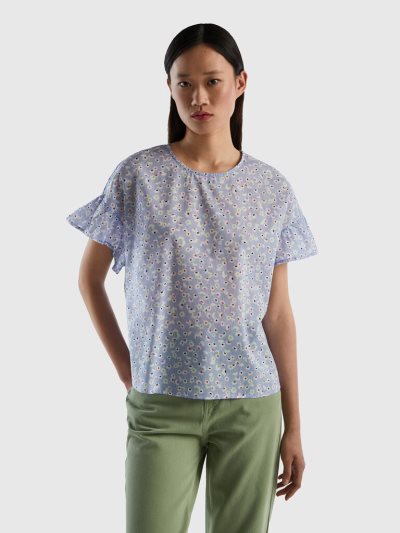 Benetton Pure Katoenen Patterned Blouse Dames Lichtblauw | BE801418