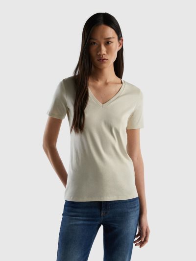 Benetton Pure Katoenen V-neck Short Sleeve T-shirts Dames Beige | BE715377