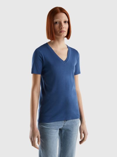 Benetton Pure Katoenen V-neck Short Sleeve T-shirts Dames Blauw | BE725325