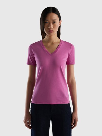 Benetton Pure Katoenen V-neck Short Sleeve T-shirts Dames Roze | BE950182