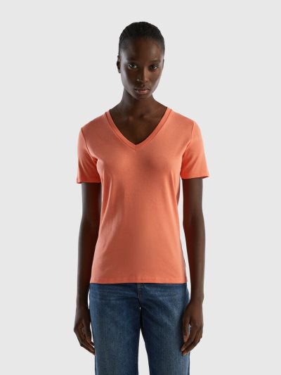 Benetton Pure Katoenen V-neck Short Sleeve T-shirts Dames Oranje | BE975391