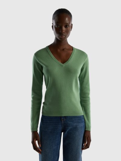 Benetton Pure Katoenen V-neck Truien Dames Groen | BE122007