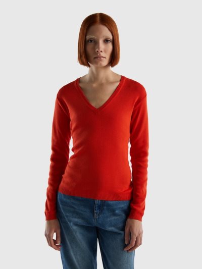 Benetton Pure Katoenen V-neck Truien Dames Rood | BE324991