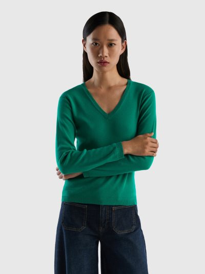 Benetton Pure Katoenen V-neck Truien Dames Groen | BE587970