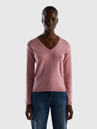 Benetton Pure Katoenen V-neck Truien Dames Roze | BE997827