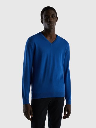 Benetton Pure Katoenen V-neck Truien Heren Blauw | BE021669