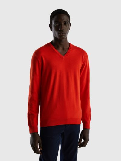 Benetton Pure Katoenen V-neck Truien Heren Rood | BE290669