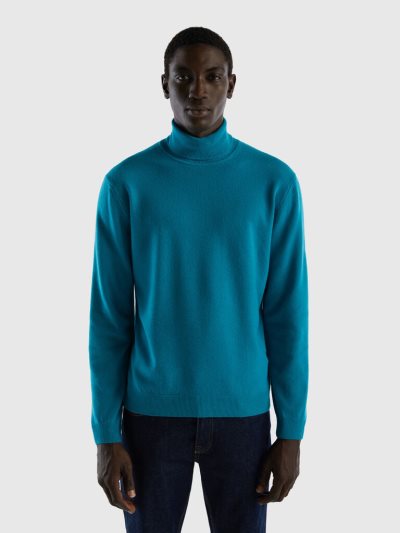 Benetton Pure Merino Wol Turtleneck High Neck Sweaters Heren Teal | BE016487