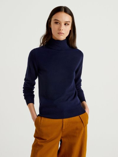 Benetton Pure Merino Wol Turtleneck High Neck Sweaters Dames Donkerblauw | BE373476