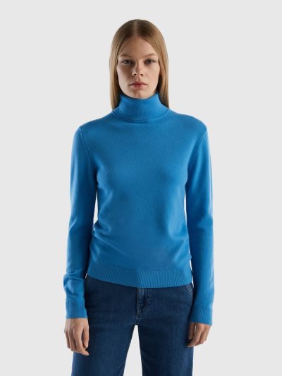 Benetton Pure Merino Wol Turtleneck High Neck Sweaters Dames Blauw | BE596280