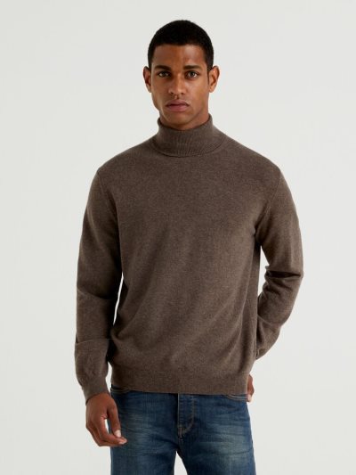 Benetton Pure Merino Wol Turtleneck High Neck Sweaters Heren Bruin | BE932420