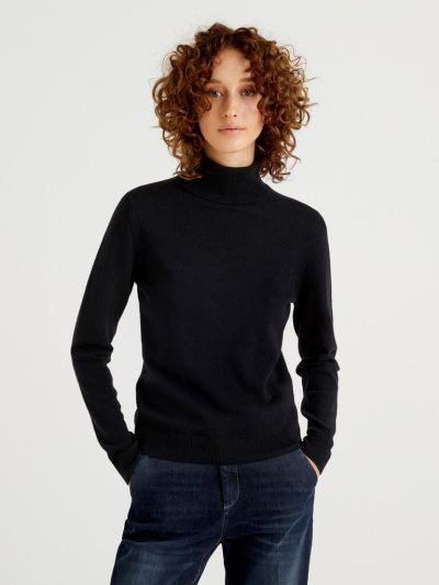 Benetton Pure Merino Wol Turtleneck High Neck Sweaters Dames Zwart | BE992570