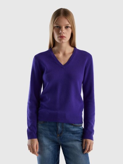 Benetton Pure Merino Wol V-neck Truien Dames Diepblauw | BE081344