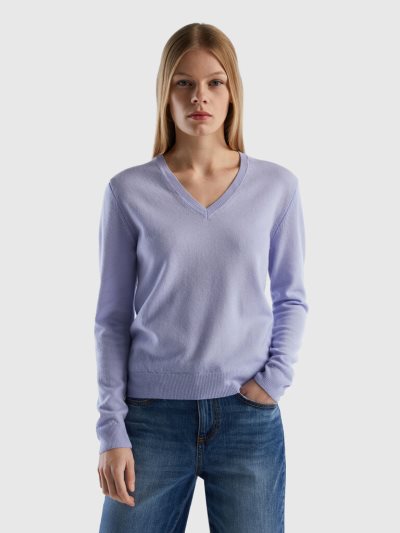 Benetton Pure Merino Wol V-neck Truien Dames Lavendel | BE298754