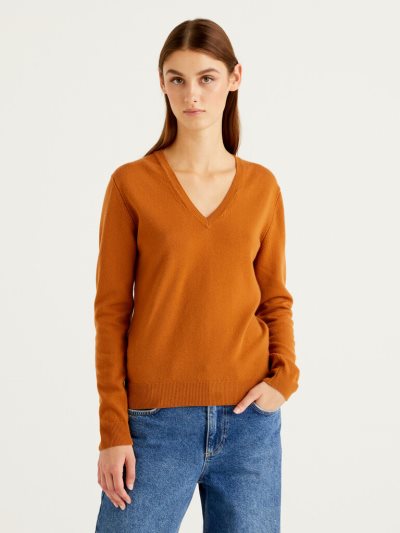 Benetton Pure Merino Wol V-neck Truien Dames Bruin | BE384422