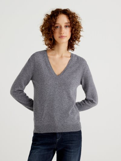 Benetton Pure Merino Wol V-neck Truien Dames Grijs | BE542664