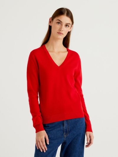 Benetton Pure Merino Wol V-neck Truien Dames Rood | BE784792