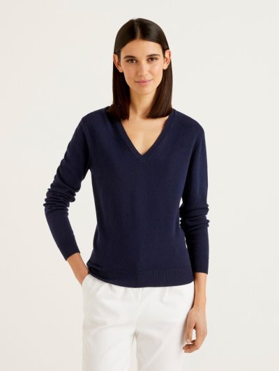 Benetton Pure Merino Wol V-neck Truien Dames Donkerblauw | BE940281