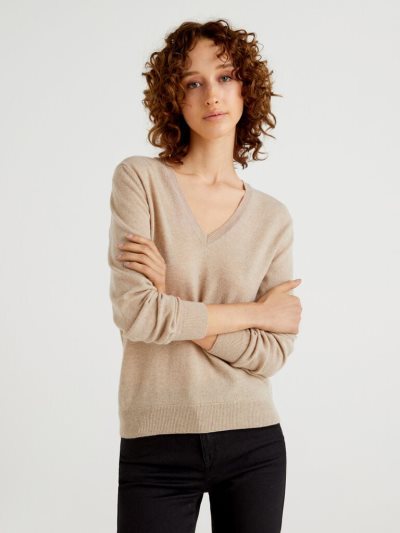 Benetton Pure Merino Wol V-neck Truien Dames Beige | BE979608