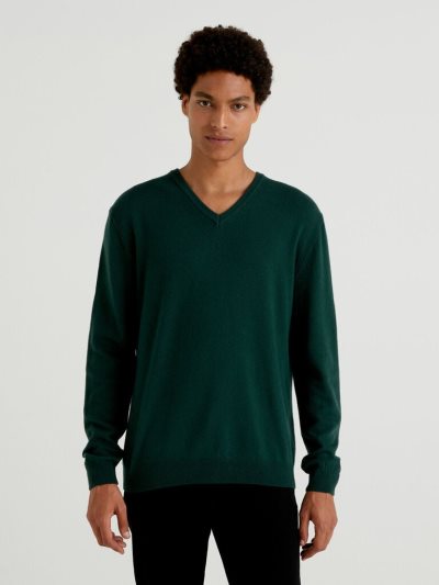 Benetton Pure Merino Wol V-neck Truien Heren Teal | BE042759