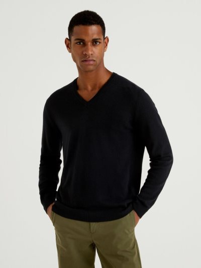 Benetton Pure Merino Wol V-neck Truien Heren Zwart | BE818373