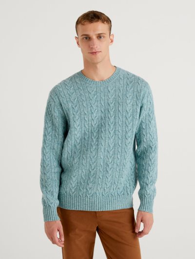 Benetton Pure Shetland Wol Crew Neck Sweaters Heren Grijs | BE212827