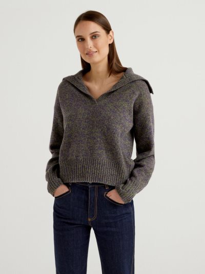 Benetton Pure Tricot Shetland Wol V-neck Sweaters Dames Donkergrijs | BE113019