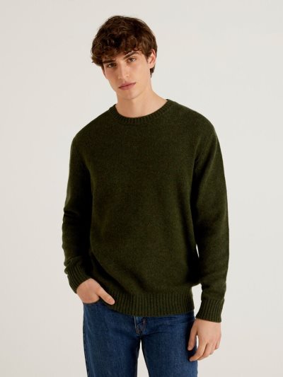 Benetton Shetland Wol Crew Neck Sweaters Heren Donkergroen | BE044200