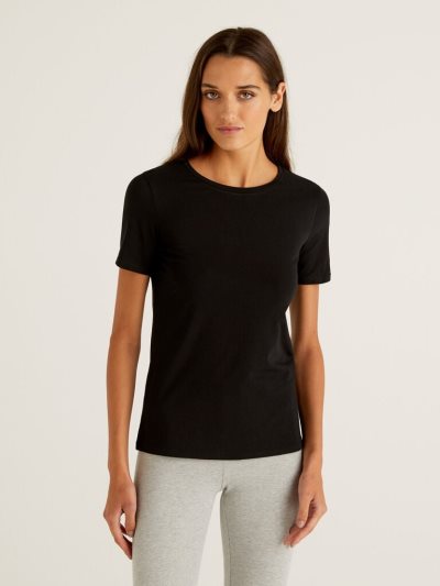 Benetton Super Stretch Organic Katoenen T-shirts Dames Zwart | BE852435