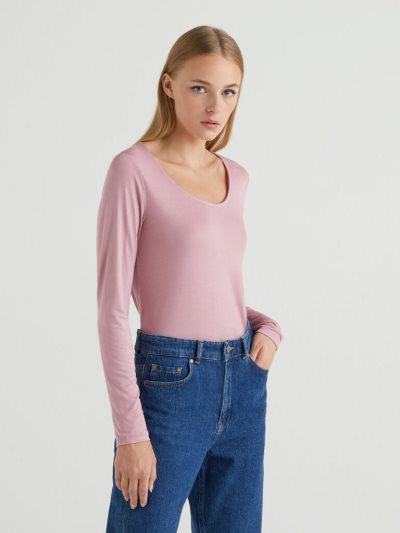 Benetton Sustainable Stretch Viscose Long Sleeve T-shirts Dames Roze | BE336999