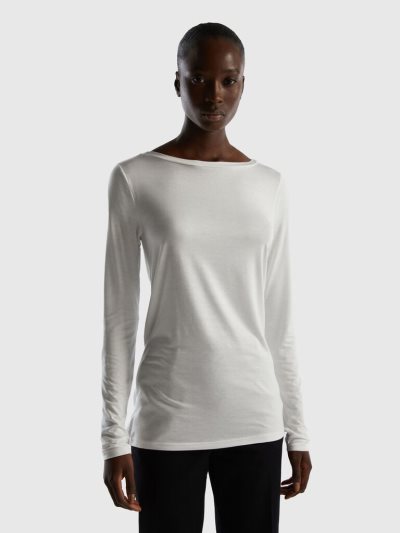 Benetton Sustainable Stretch Viscose Long Sleeve T-shirts Dames Wit | BE388607