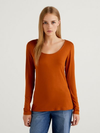 Benetton Sustainable Stretch Viscose Long Sleeve T-shirts Dames Burnt | BE401880